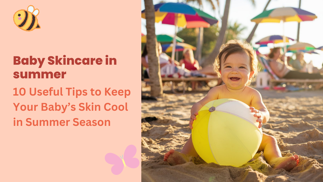 Baby seating on a beach holding bowl in his hands