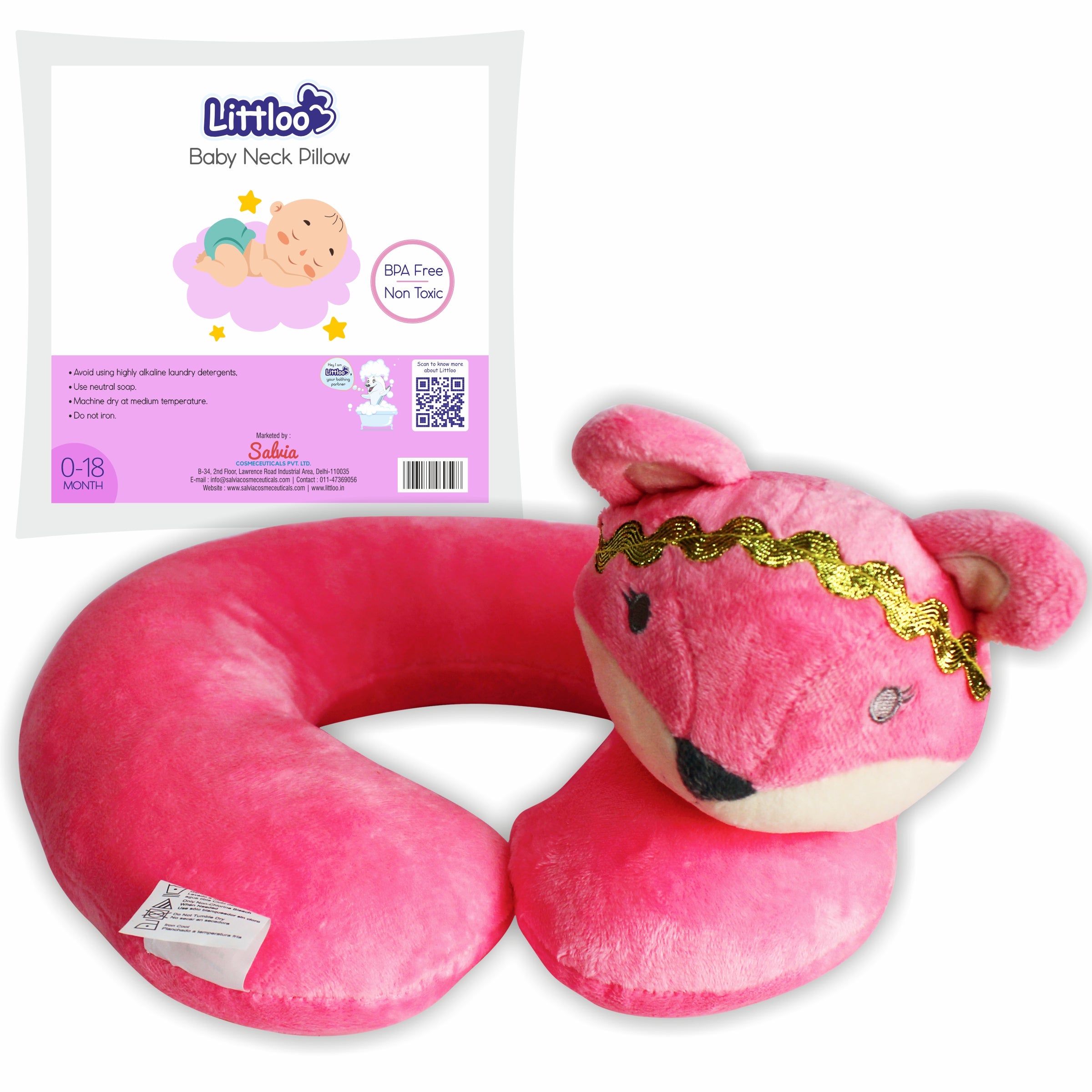 LITTLOO Neck Pillow - Comfort and Support for Restful Journeys | Soft Material & Fun Design for Baby & Kids - Pink - Littloo