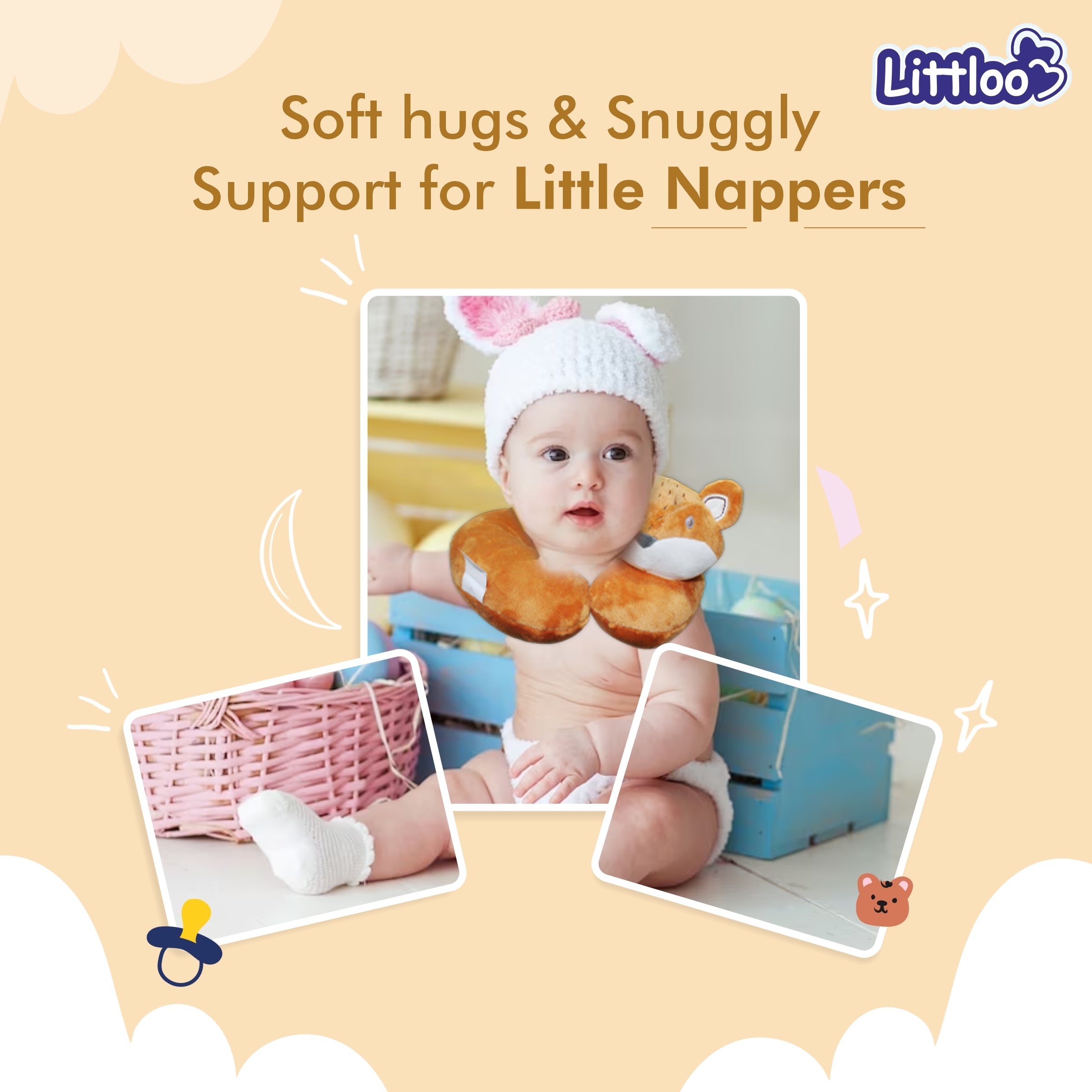 LITTLOO Neck Pillow - Comfort and Support for Restful Journeys | Soft Material & Fun Design for Baby & Kids - Brown - Littloo