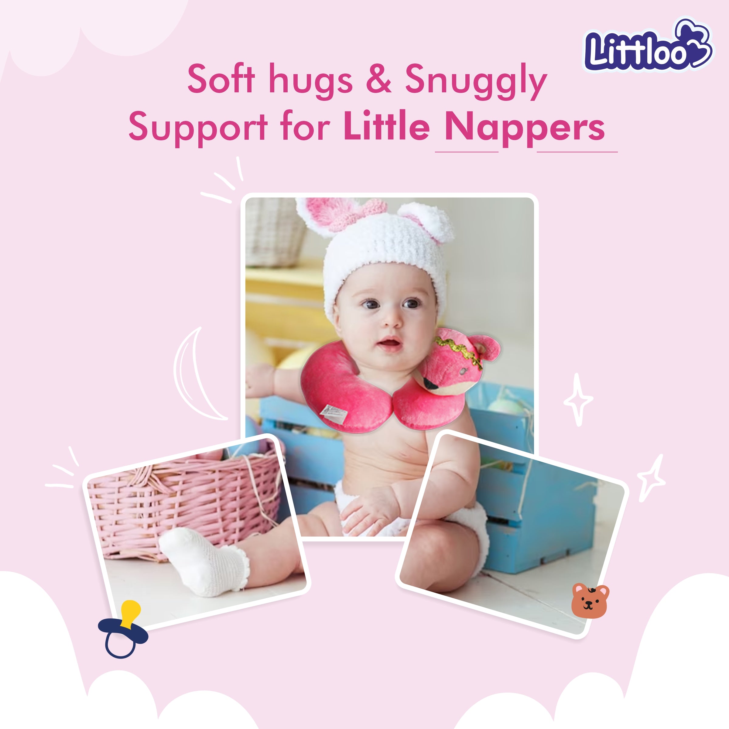 LITTLOO Neck Pillow - Comfort and Support for Restful Journeys | Soft Material & Fun Design for Baby & Kids - Pink - Littloo