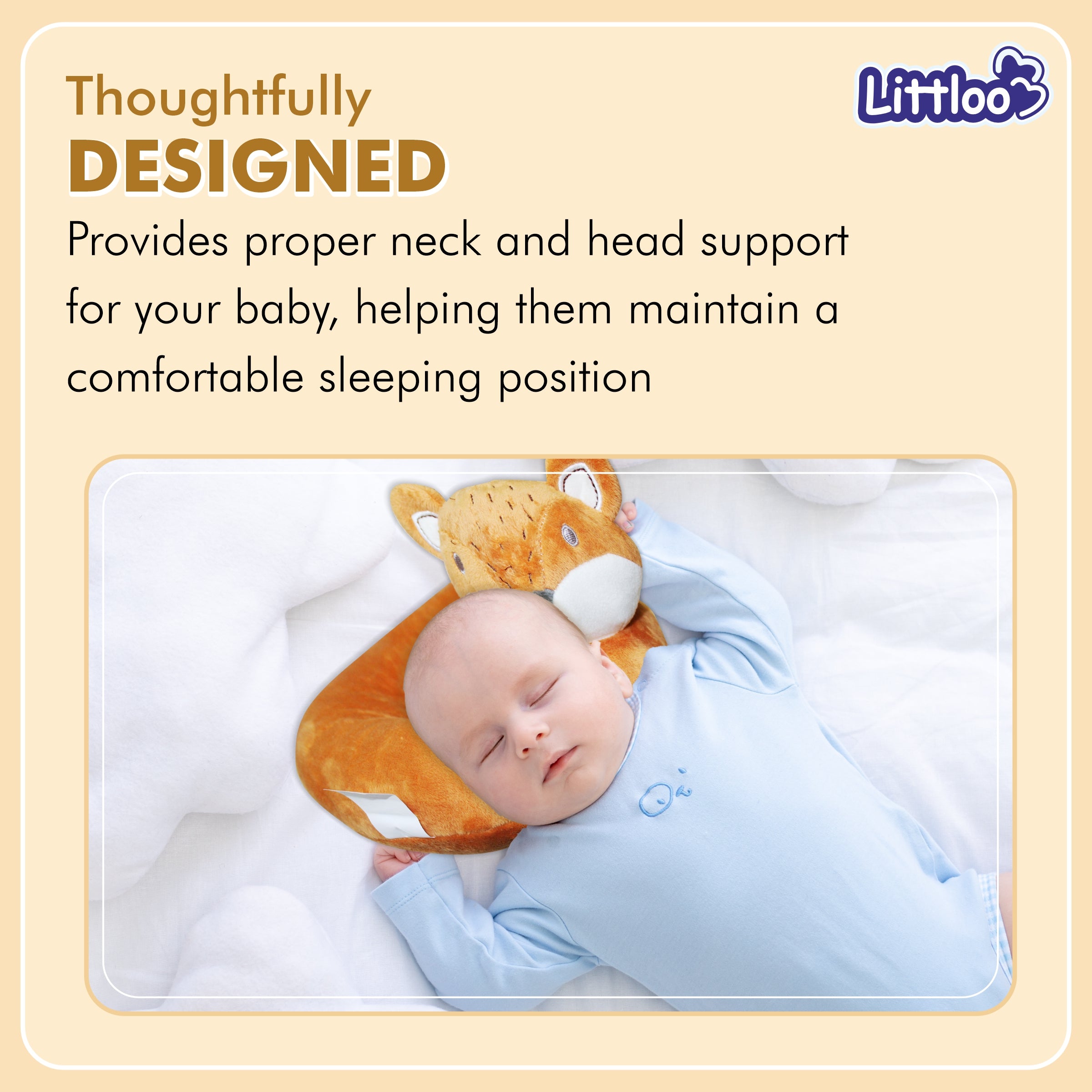 LITTLOO Neck Pillow - Comfort and Support for Restful Journeys | Soft Material & Fun Design for Baby & Kids - Brown - Littloo