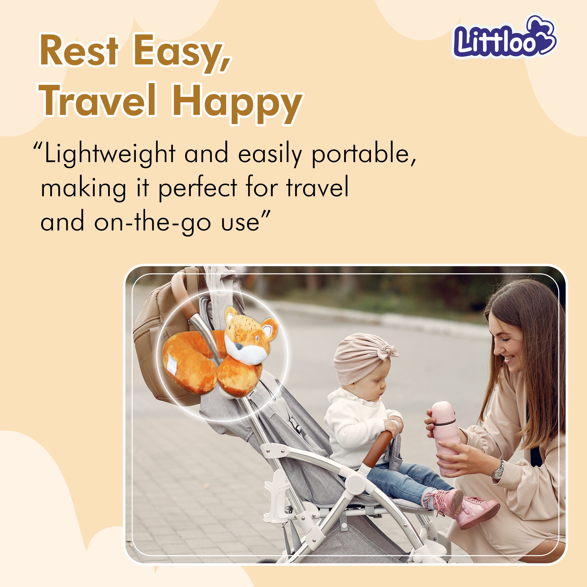 LITTLOO Neck Pillow - Comfort and Support for Restful Journeys | Soft Material & Fun Design for Baby & Kids - Brown - Littloo