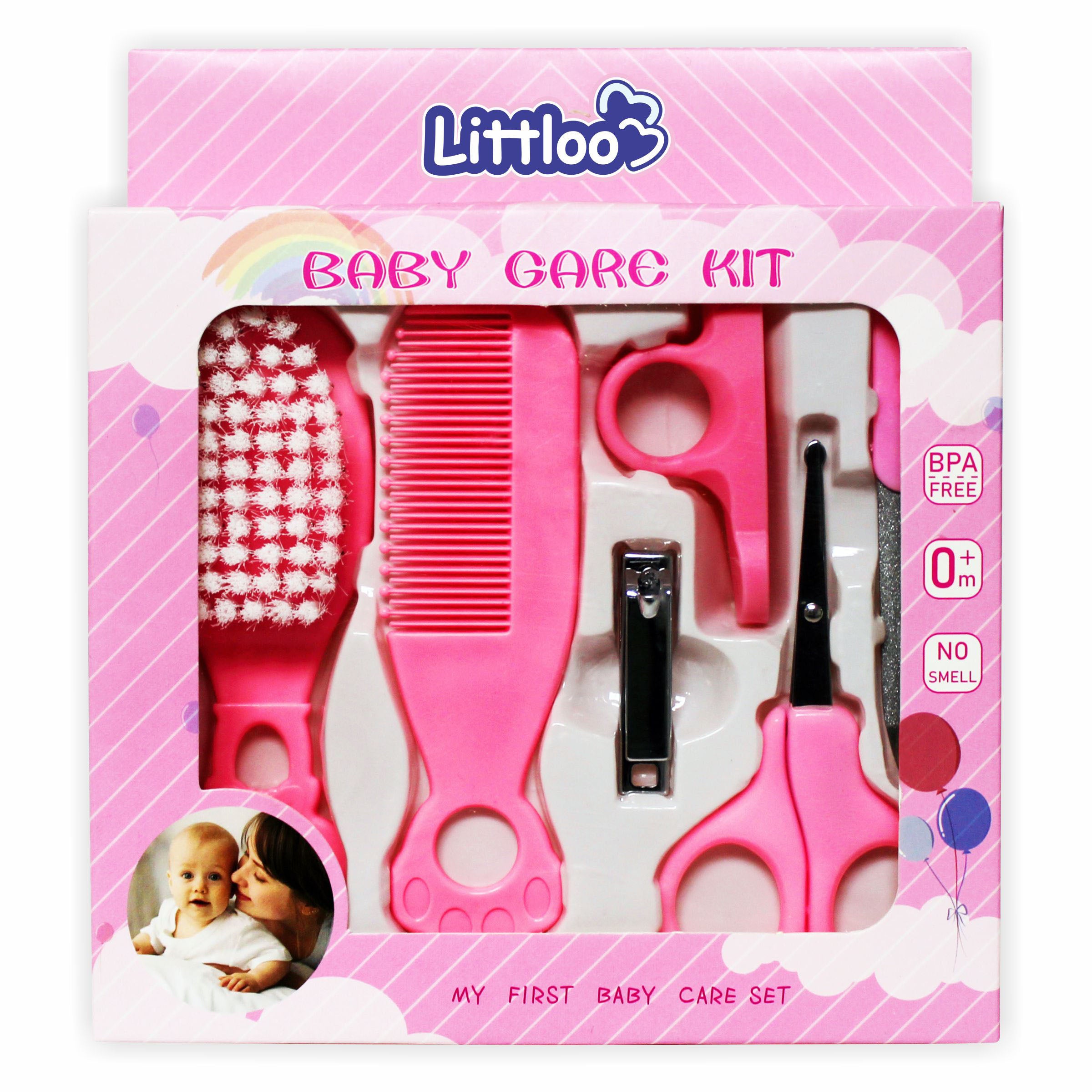 Littloo All in 1 Baby Care Kit for Your Little One! | Hair Brush, Comb, Nail Clipper, Scissors, and Nail Filer - Pink - Littloo
