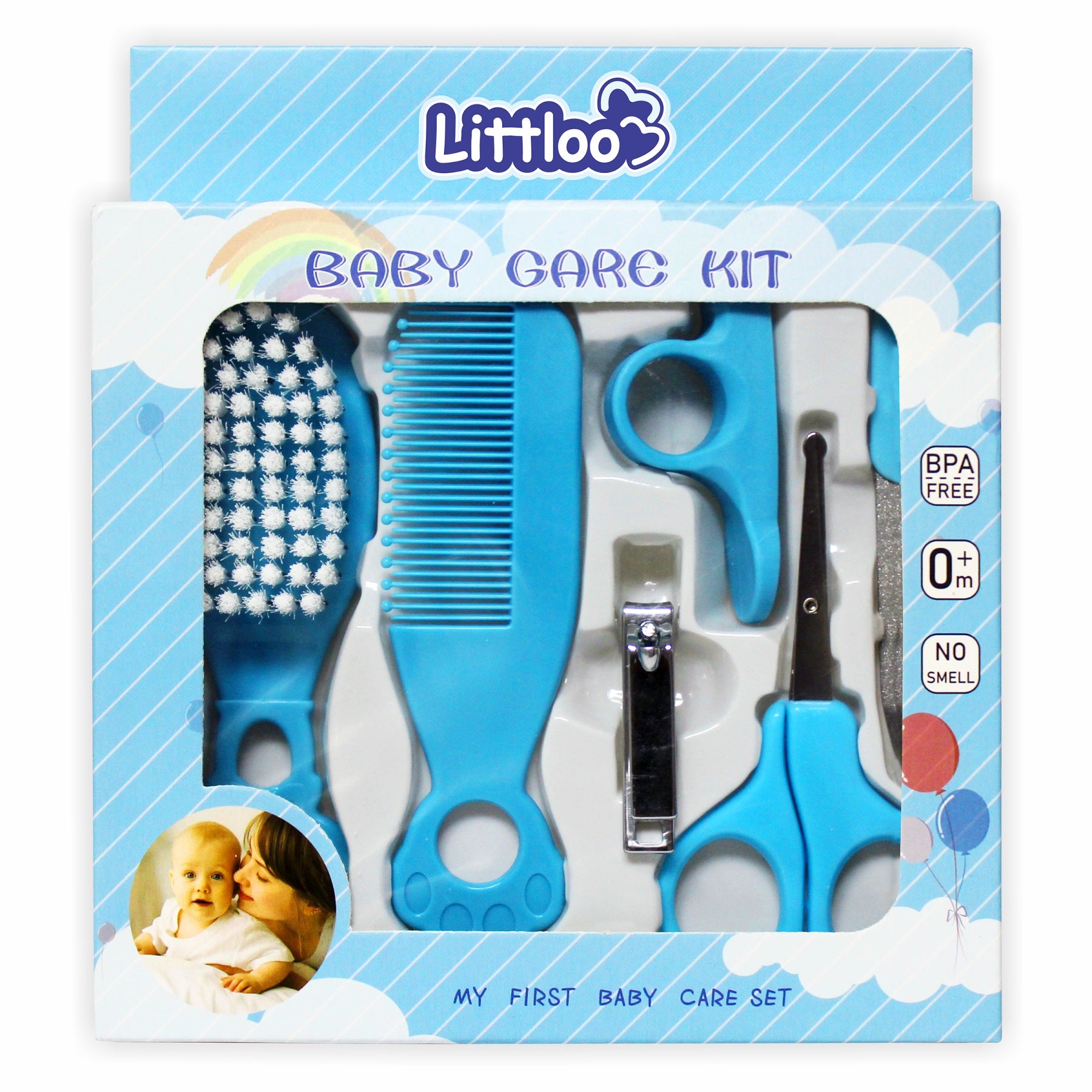 Littloo All in 1 Baby Care Kit for Your Little One! | Hair Brush, Comb, Nail Clipper, Scissors, and Nail Filer - Blue - Littloo