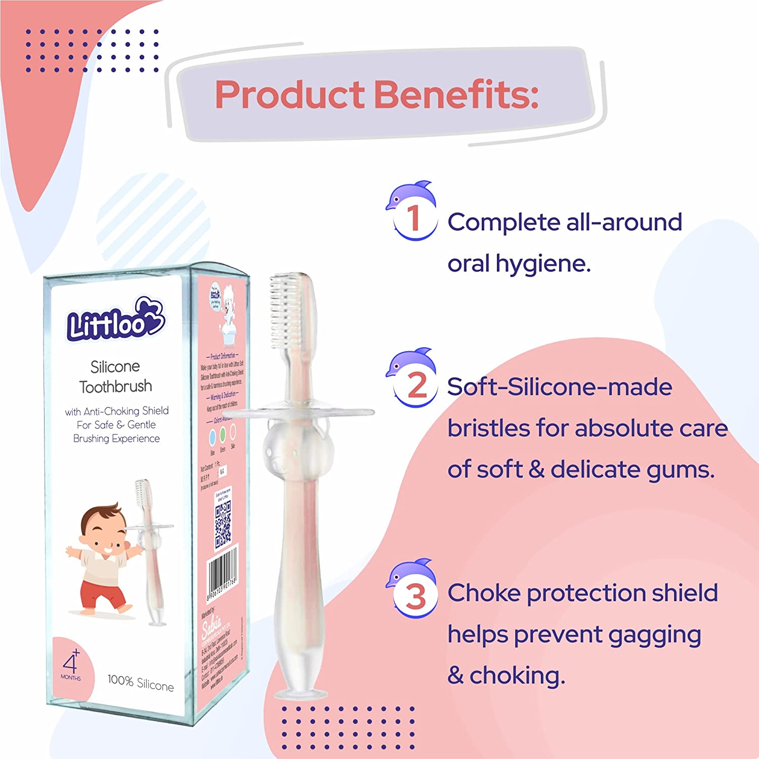 Silicone Toothbrush with Anti-Choking (Multicolour) - Littloo