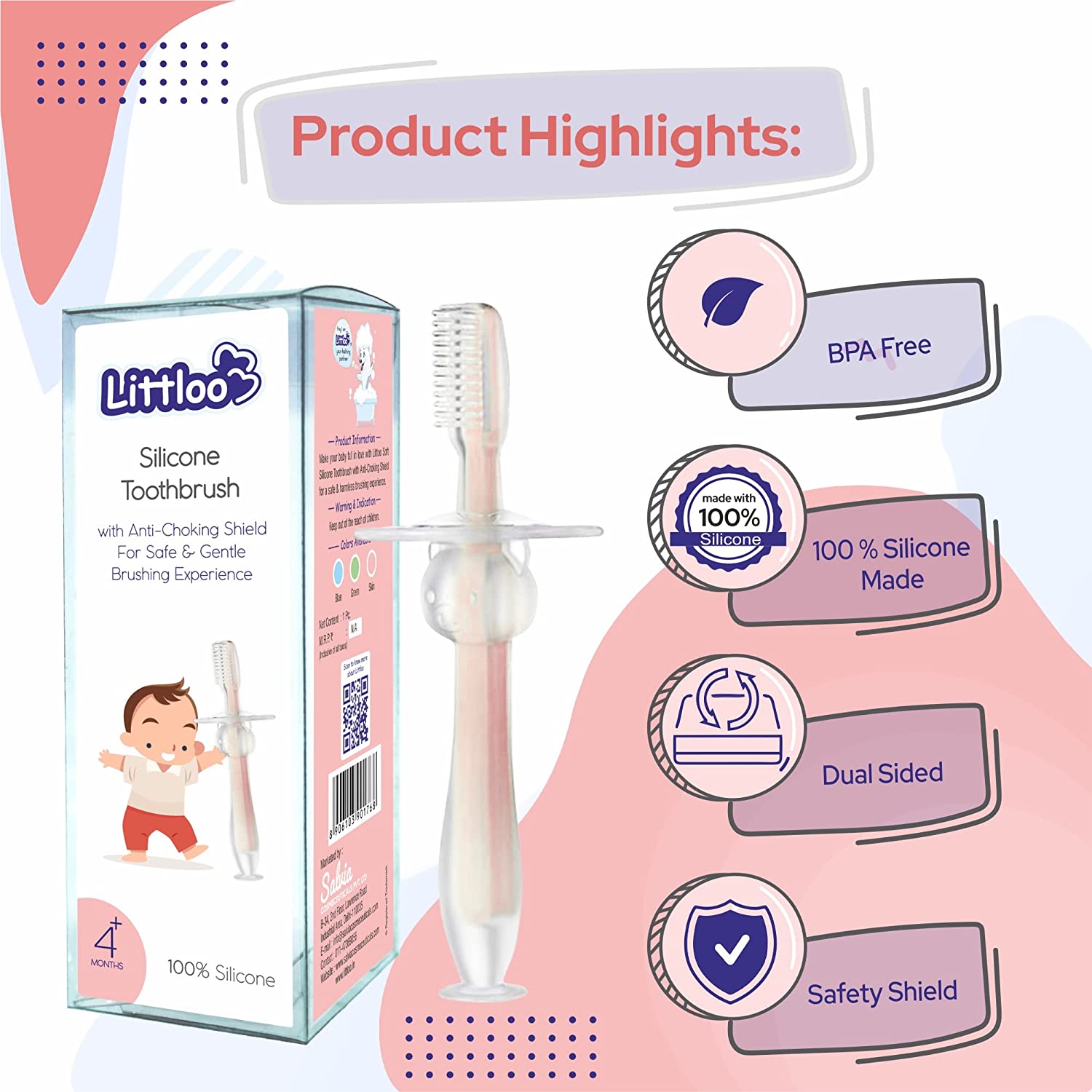 Silicone Toothbrush with Anti-Choking (Multicolour) - Littloo