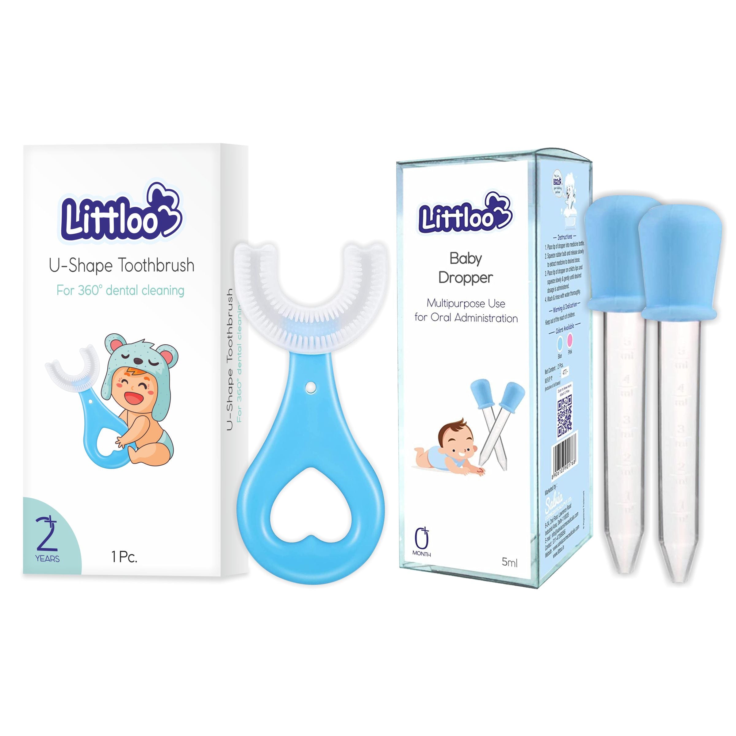 Littloo Baby Dropper & U-Shape Silicon Tooth Brush (Pack Of 1) - Littloo